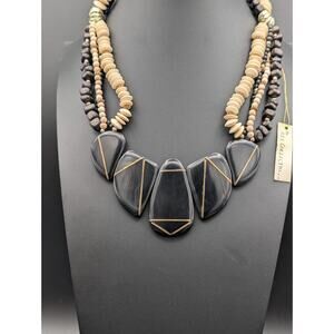 Vintage Bib Necklace Brass Inlay Wood Large Statement S.E.I. Collection NWT